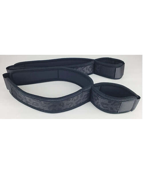 Spartacus Wrist to Thigh Cuffs Neoprene Black shown from the side, featuring durable neoprene material for restraint play.