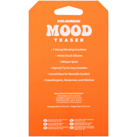 Mood Teaser Vibrating Micro Plug Mint packaging showing features like 7 vibrating functions and velvet-touch silicone.