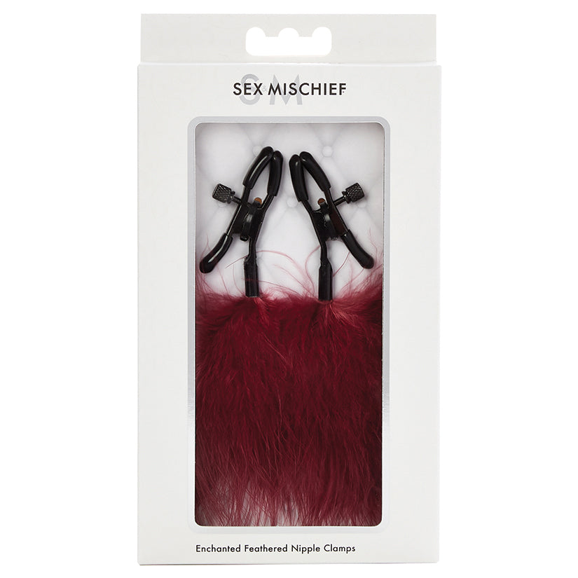 S & M Enchanted Feather Nipple Clamps in elegant packaging with soft feathers for playful sensation play.