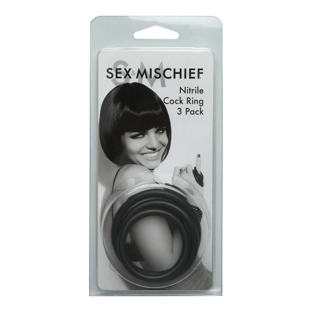 Sex & Mischief Nitrile Cockring 3 Pack Black packaging featuring graduated rings for comfort and fit.