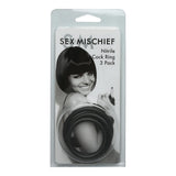 Sex & Mischief Nitrile Cockring 3 Pack Black packaging featuring graduated rings for comfort and fit.