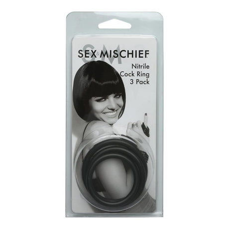 Sex & Mischief Nitrile Cockring 3 Pack Black packaging featuring graduated rings for comfort and fit.