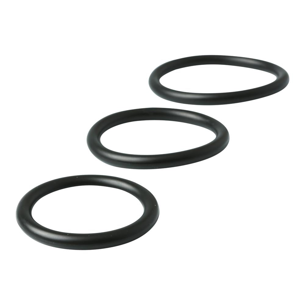Sex & Mischief Nitrile Cockring 3 Pack Black displaying three graduated nitrile rings in black.