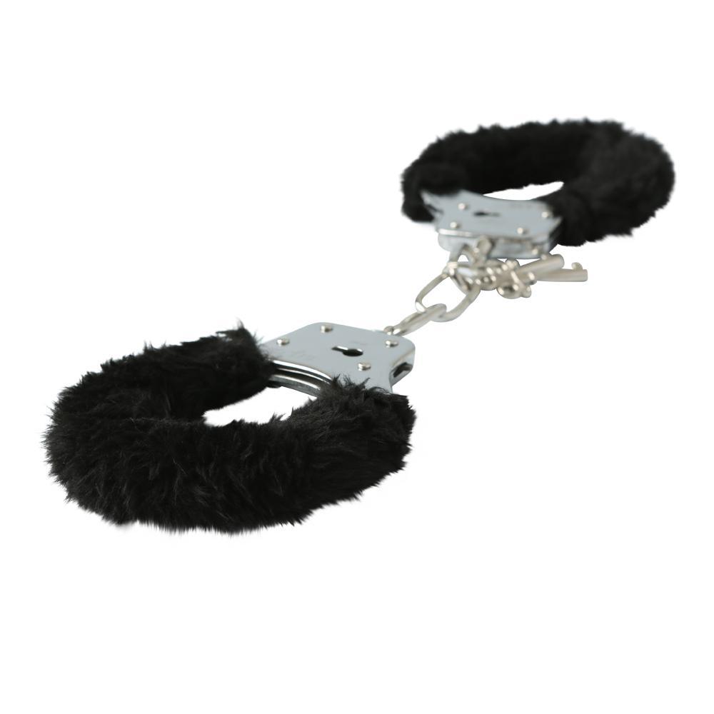 Sex & Mischief Furry Handcuffs Black with plush faux-fur covering and sturdy metal cuffs for comfortable restraint.