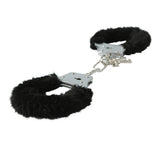 Sex & Mischief Furry Handcuffs Black with plush faux-fur covering and sturdy metal cuffs for comfortable restraint.