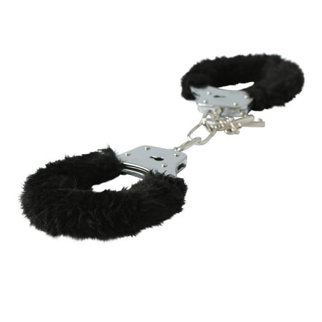 Sex & Mischief Furry Handcuffs Black with plush faux-fur covering and sturdy metal cuffs for comfortable restraint.