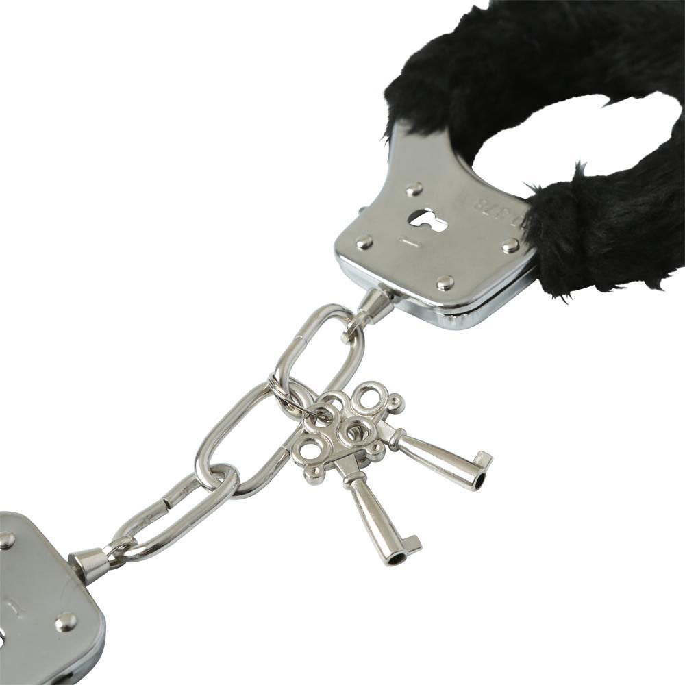 Sex & Mischief Furry Handcuffs Black with plush black faux-fur and nickel-free metal cuffs for light bondage.