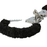 Sex & Mischief Furry Handcuffs Black with plush faux-fur and sturdy metal core for comfortable restraint play.