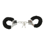Sex & Mischief Furry Handcuffs Black with plush black faux-fur and metal cuffs for light bondage.