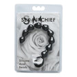 Sex & Mischief Black Silicone Anal Beads in packaging featuring black graduated beads for anal pleasure.