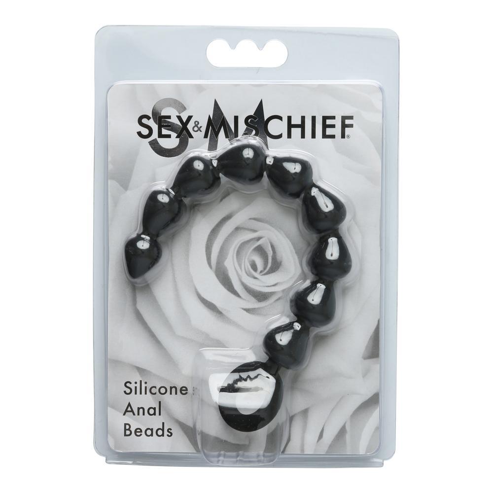 Sex & Mischief Black Silicone Anal Beads in packaging featuring black graduated beads for anal pleasure.