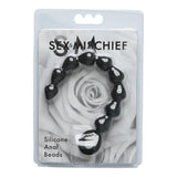Sex & Mischief Black Silicone Anal Beads in packaging featuring black graduated beads for anal pleasure.