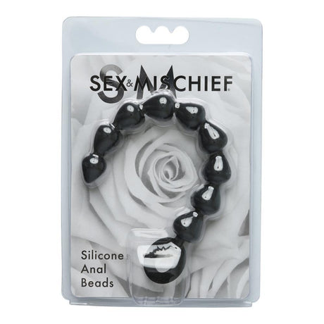Sex & Mischief Black Silicone Anal Beads in packaging featuring black graduated beads for anal pleasure.