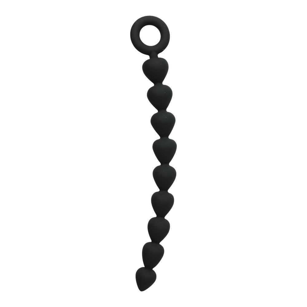 Sex & Mischief Black Silicone Anal Beads on a white background, featuring a smooth graduated string of rounded beads.