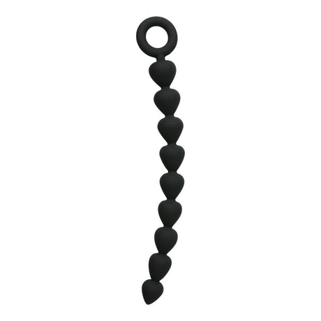 Sex & Mischief Black Silicone Anal Beads on a white background, featuring a smooth graduated string of rounded beads.