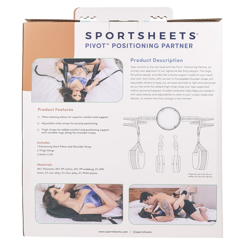 Sportsheets Pivot Positioning Partner Sex Sling packaging with product features and description.