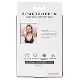 Back packaging of Sportsheets Saffron Soft Bit Gag with usage instructions and product details.