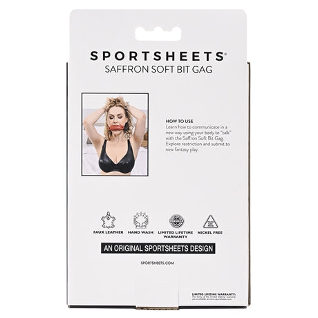 Back packaging of Sportsheets Saffron Soft Bit Gag with usage instructions and product details.