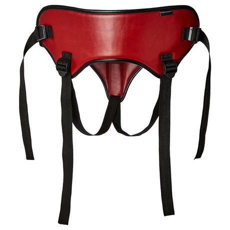 Sportsheets Saffron Strap On Harness Red Black featuring a sleek red design with black straps for optimal comfort.
