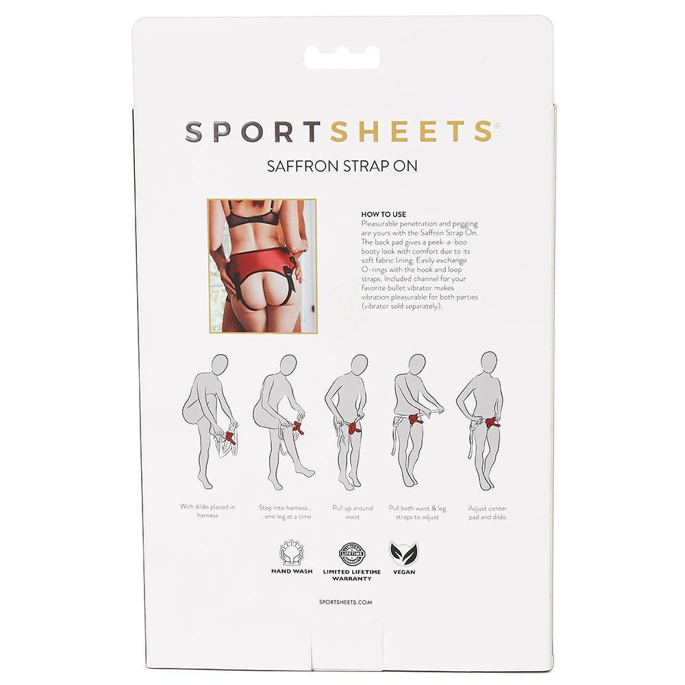 Sportsheets Saffron Strap On Harness Red Black packaging instructions for use and adjustment.