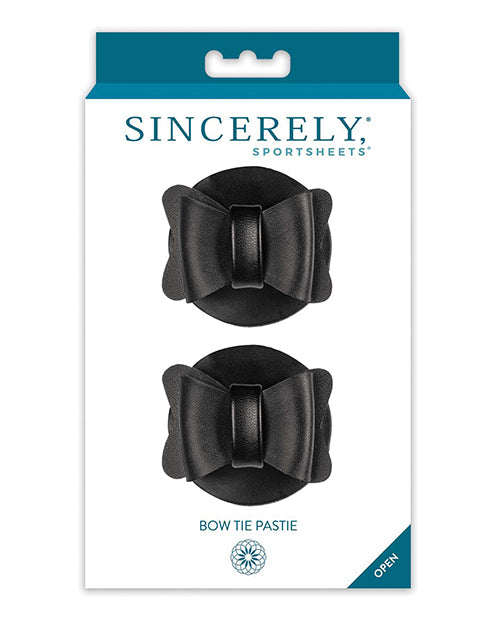 Sincerely Bow Tie Pasties Black Faux Leather packaging featuring two black bow-shaped pasties.
