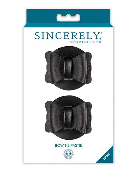 Sincerely Bow Tie Pasties Black Faux Leather packaging featuring two black bow-shaped pasties.