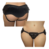 Sportsheets Plus Size Beginners Black Strap-On Harness showing adjustable straps and soft black fabric for comfort and allure.