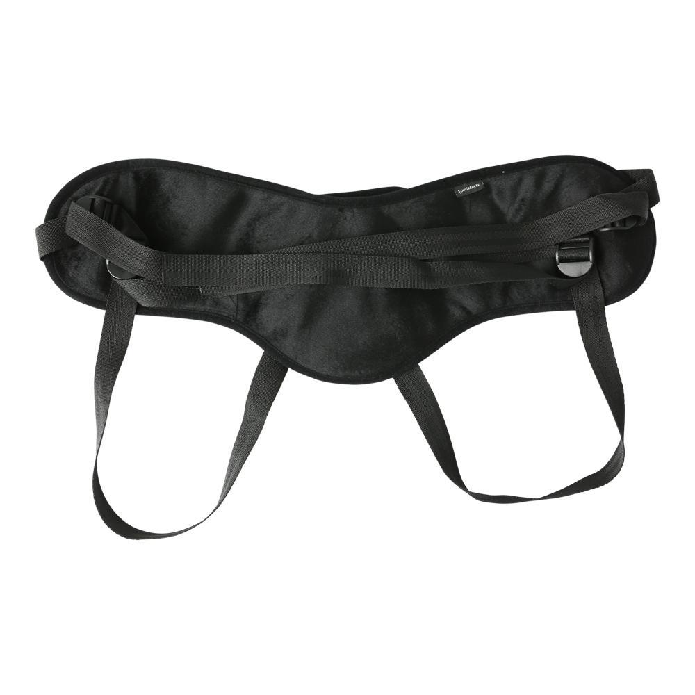 Sportsheets Plus Size Beginners Black Strap-On Harness featuring plush black fabric and adjustable straps for comfort.