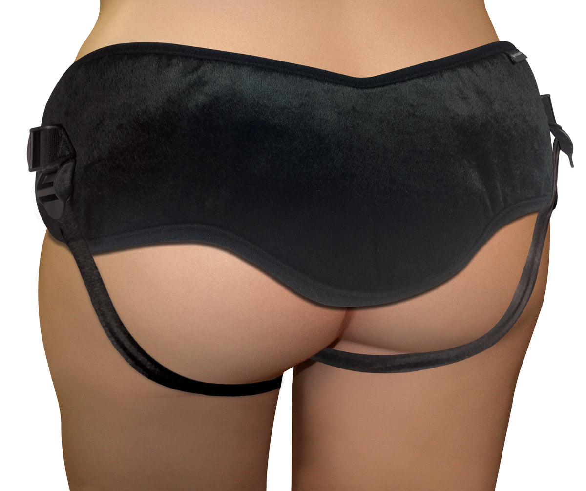 Sportsheets Plus Size Beginners Black Strap-On Harness showcasing plush black fabric and adjustable straps.