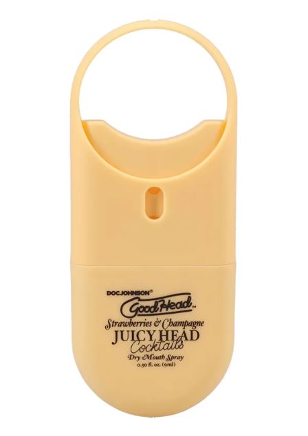 GoodHead Juicy Head Dry Mouth Spray Strawberries Champagne in a travel-size bottle for flavorful oral play.