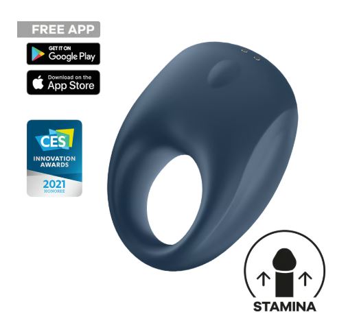 Satisfyer Strong One Vibrating Cock Ring in blue, designed to enhance stamina and pleasure for both partners.