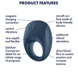 Satisfyer Strong One Vibrating Cock Ring product features including magnetic charging and body-friendly silicone.