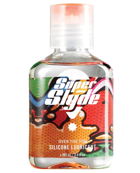 SuperSlyde Silicone Lubricant 3.4 Oz bottle with colorful design and clear cap, ideal for long-lasting lubrication.