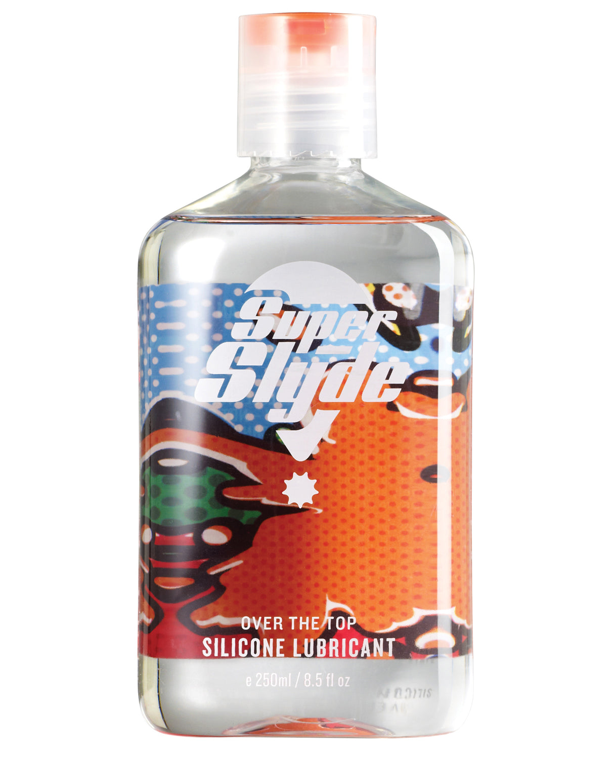 SuperSlyde Silicone Lubricant 8.5 Oz bottle with colorful label and clear liquid inside.