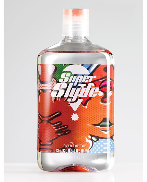 SuperSlyde Silicone Lubricant 13.56 Oz bottle with colorful design and clear liquid, ideal for long-lasting ease.