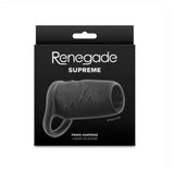 Renegade Supreme Silicone Penis Sleeve Black packaging featuring a realistic silicone penis sleeve.