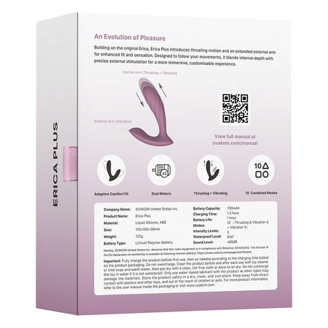 Svakom Erica Plus Wearable Thrusting Vibrator packaging showcasing features and specifications for enhanced pleasure.