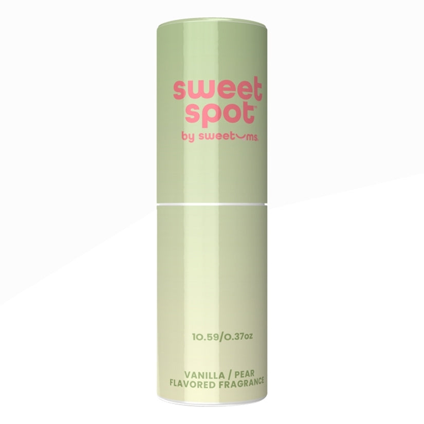 Sweetums Sweet Spot Vanilla Pear Kissable Fragrance in a solid tube packaging.