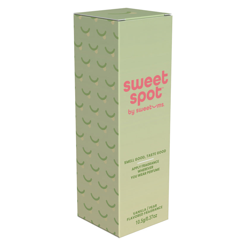 Sweetums Sweet Spot Vanilla Pear Kissable Fragrance packaging featuring playful design and brand logo.