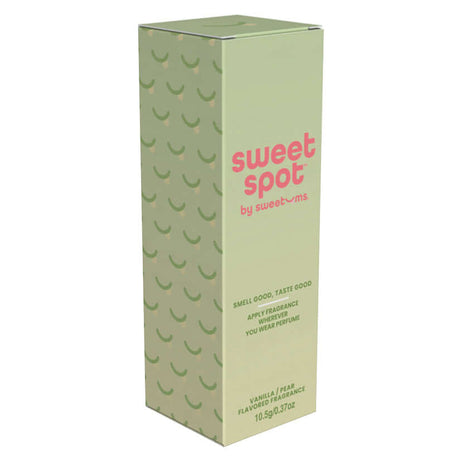 Sweetums Sweet Spot Vanilla Pear Kissable Fragrance packaging featuring playful design and brand logo.