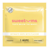 Sweetums Pina Colada Flavored Intimate Wipes packaging, yellow, pH balanced, single wipe, taste below the waist