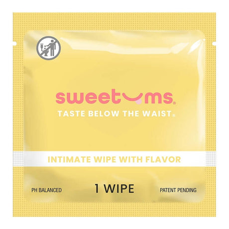 Sweetums Pina Colada Flavored Intimate Wipes packaging, yellow, pH balanced, single wipe, taste below the waist
