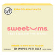 Sweetums Pina Colada Flavored Intimate Wipes box packaging with 10 wipes, featuring tropical design and pH balanced label.