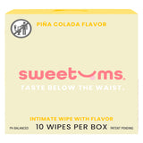 Sweetums Pina Colada Flavored Intimate Wipes box packaging with 10 wipes, featuring tropical design and pH balanced label.