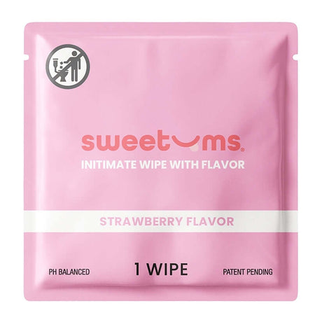 Sweetums Flavored Wipes Strawberry 10 Count packaging featuring strawberry flavor and compact design for freshness.