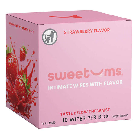 Sweetums Flavored Wipes Strawberry 10 Count packaging featuring strawberry flavor and intimate wipes.
