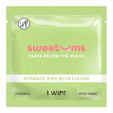 Sweetums Watermelon Flavored Intimate Wipes package, featuring a crisp design and easy-to-use format for refreshing intimacy.