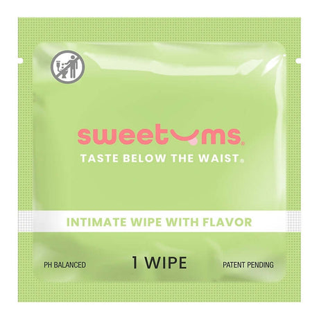 Sweetums Watermelon Flavored Intimate Wipes package, featuring a crisp design and easy-to-use format for refreshing intimacy.