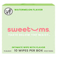 Sweetums Watermelon Flavored Intimate Wipes packaging, 10 wipes per box, pH balanced for freshness.