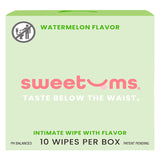 Sweetums Watermelon Flavored Intimate Wipes packaging, 10 wipes per box, pH balanced for freshness.